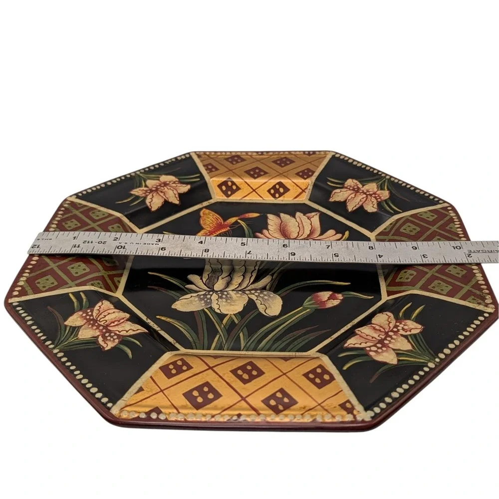 Vintage Oriental Accent Plate Octagon Decorative Butterfly Flowers Ceramic Black